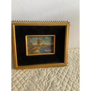 Needlepoint Water Scene Art In Black Velvet & Ornate Gold Frame 4" x 5"  Vtg